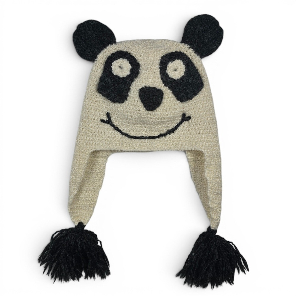 Peruvian Trading Co Erika Panda Knit Chullo Earflap Beanie Hat Cream Black Funny